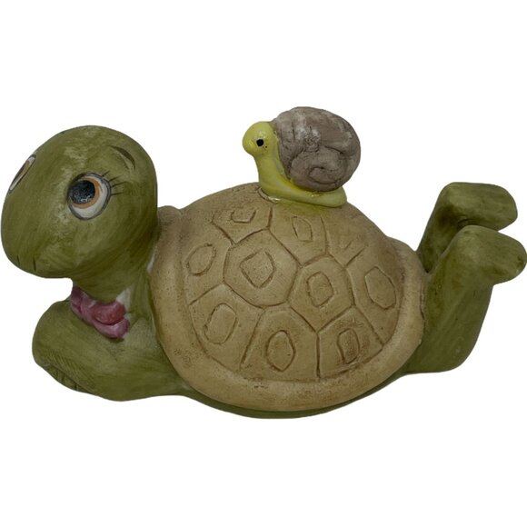 Vintage Ceramic Turtle Figurine Baby Turtle Riding On Back Laying Down Comfy - Picture 1 of 9